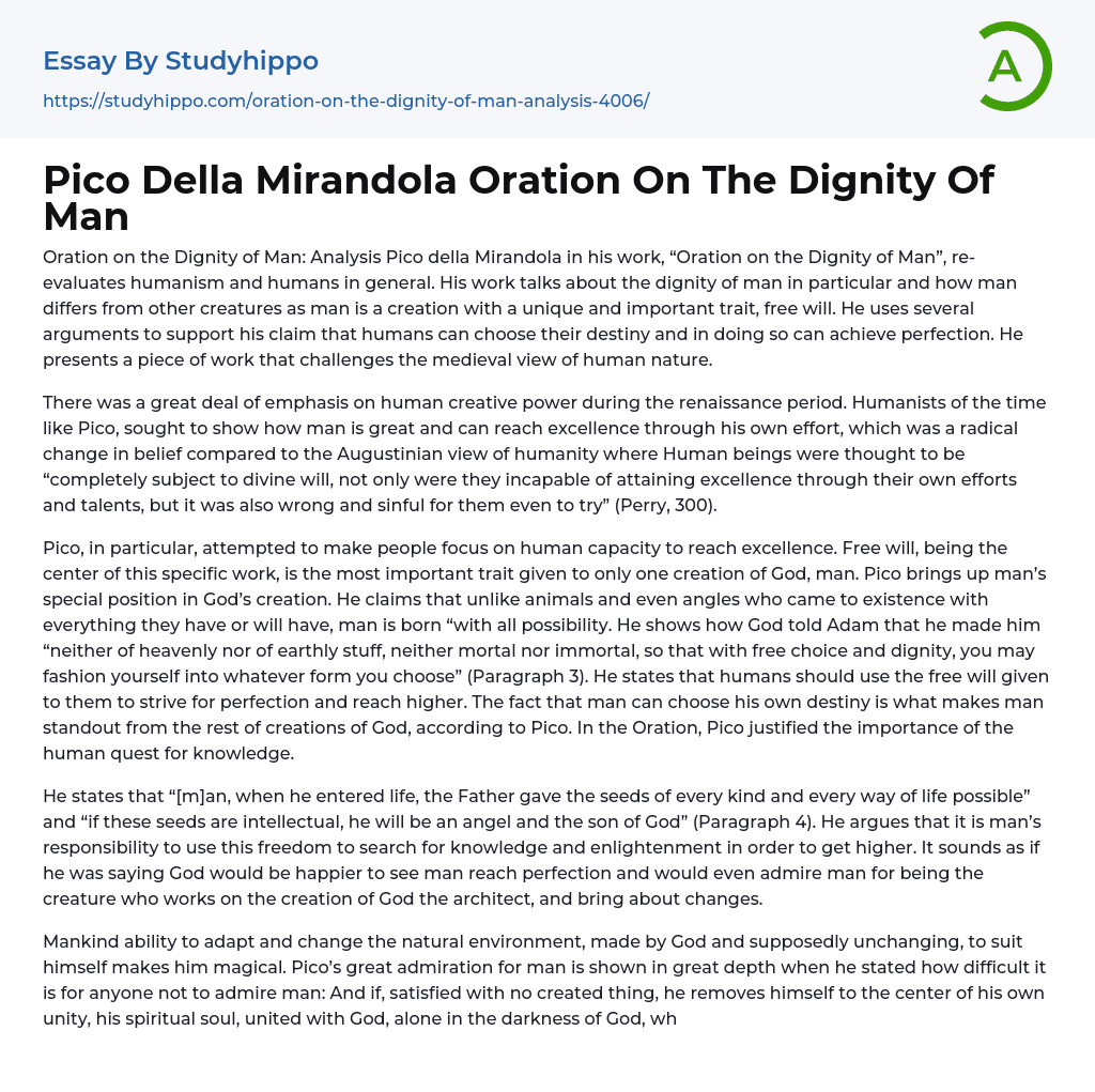 Pico Della Mirandola Oration On The Dignity Of Man Essay Example