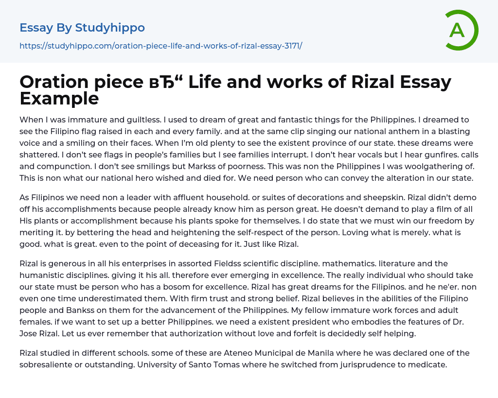 Oration piece Life and works of Rizal Essay Example