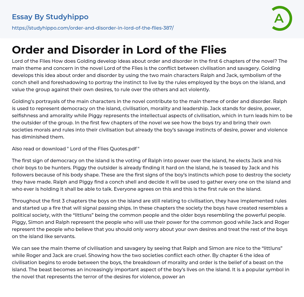 Order and Disorder in Lord of the Flies Essay Example