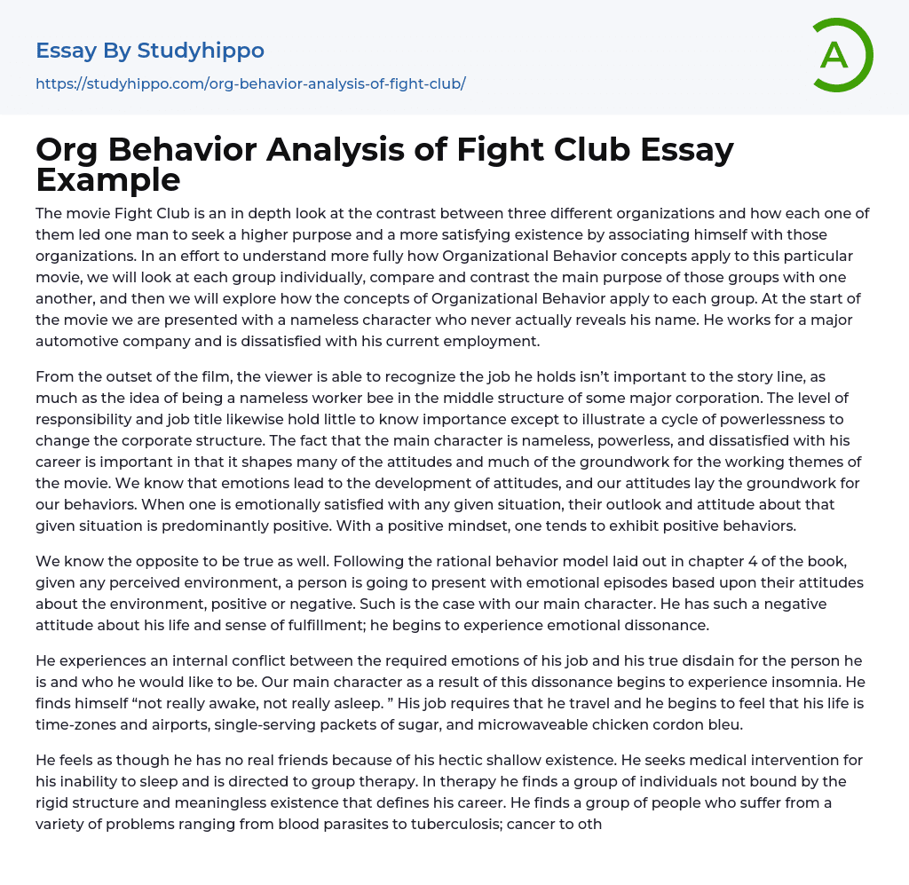 Org Behavior Analysis of Fight Club Essay Example
