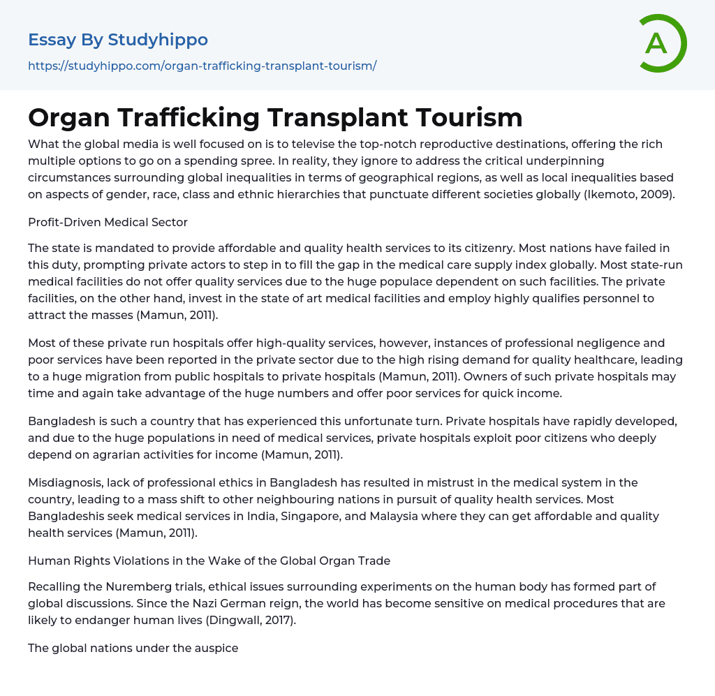 Organ Trafficking Transplant Tourism Essay Example