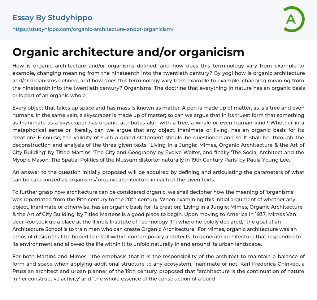 Organic architecture and/or organicism Essay Example