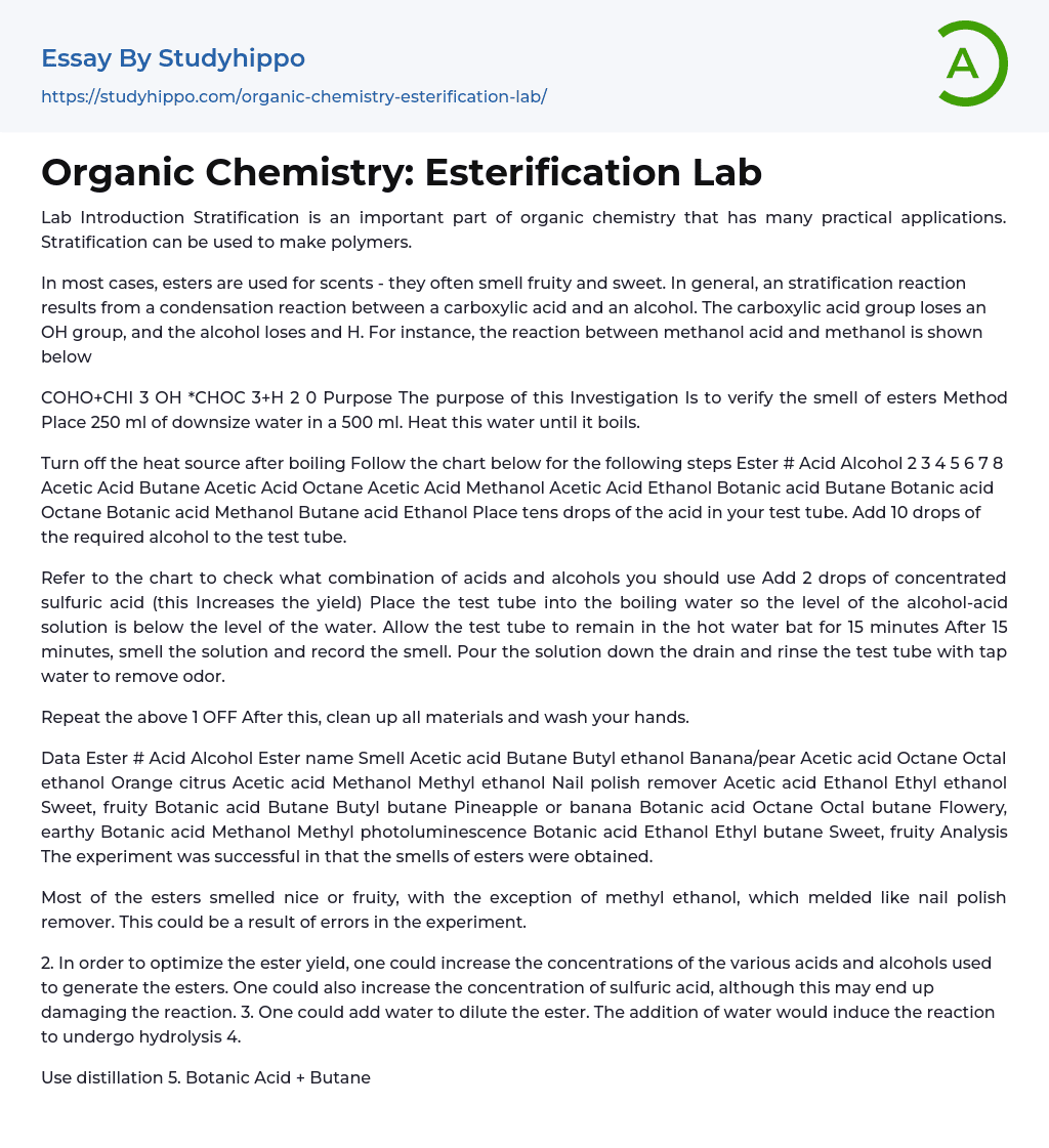 Organic Chemistry: Esterification Lab Essay Example