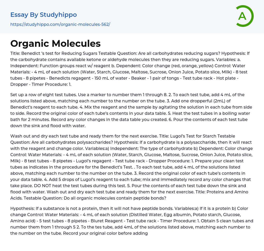 Organic Molecules Essay Example
