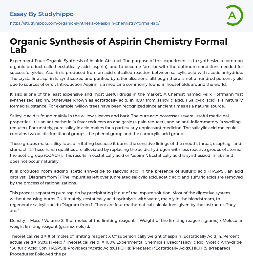 Organic Synthesis of Aspirin Chemistry Formal Lab Essay Example