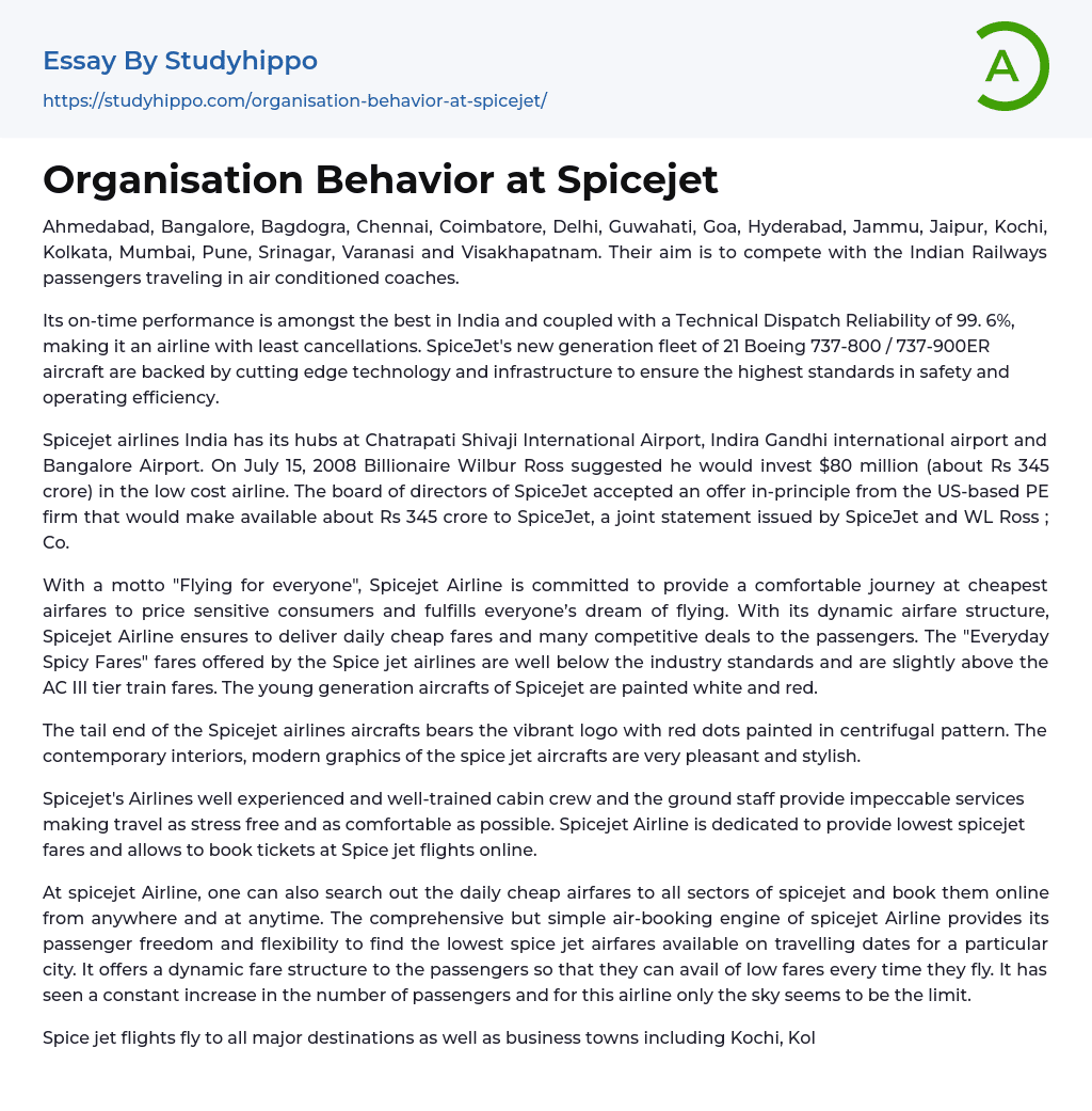 Organisation Behavior at Spicejet Essay Example