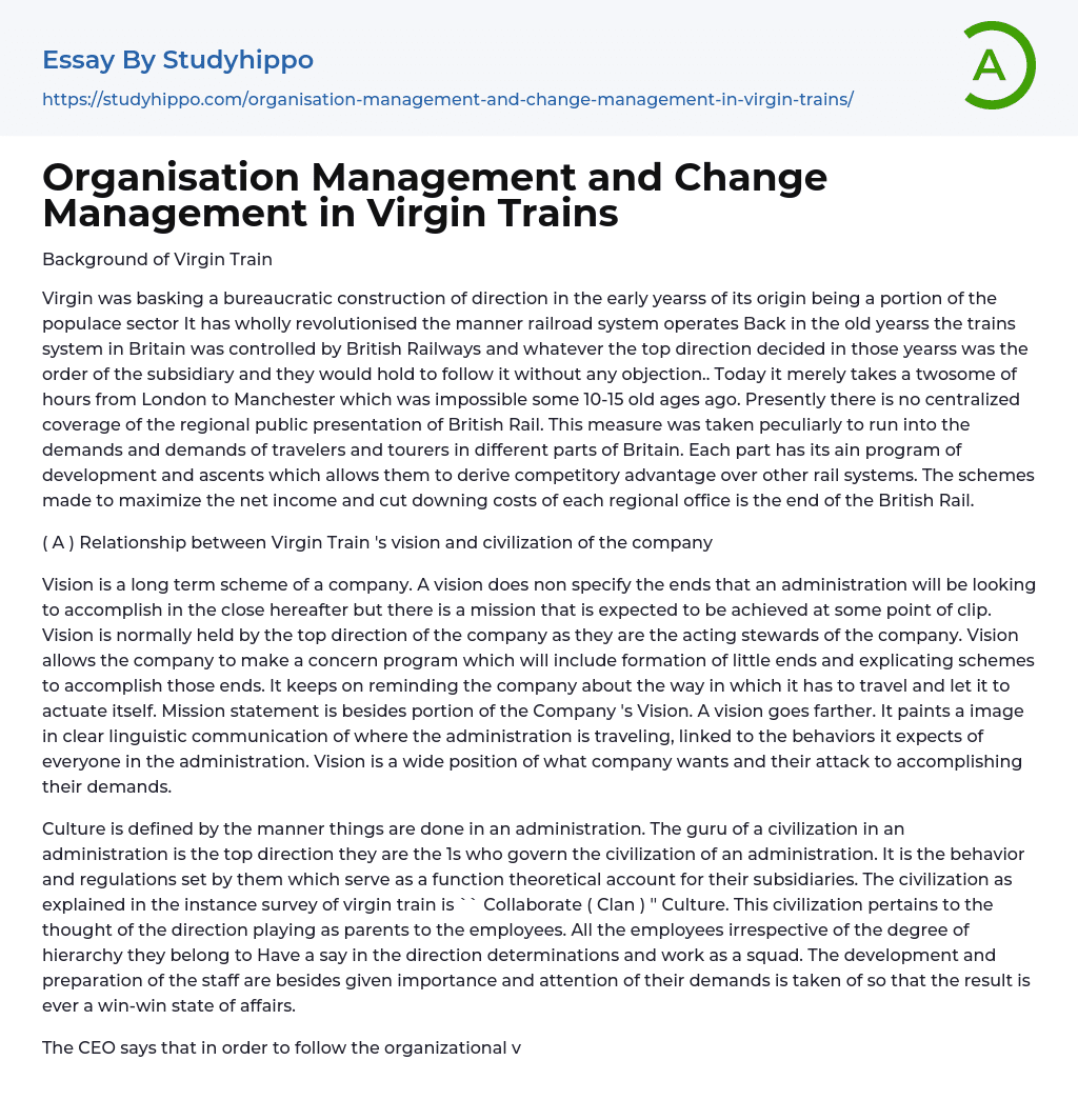 Organisation Management and Change Management in Virgin Trains Essay Example