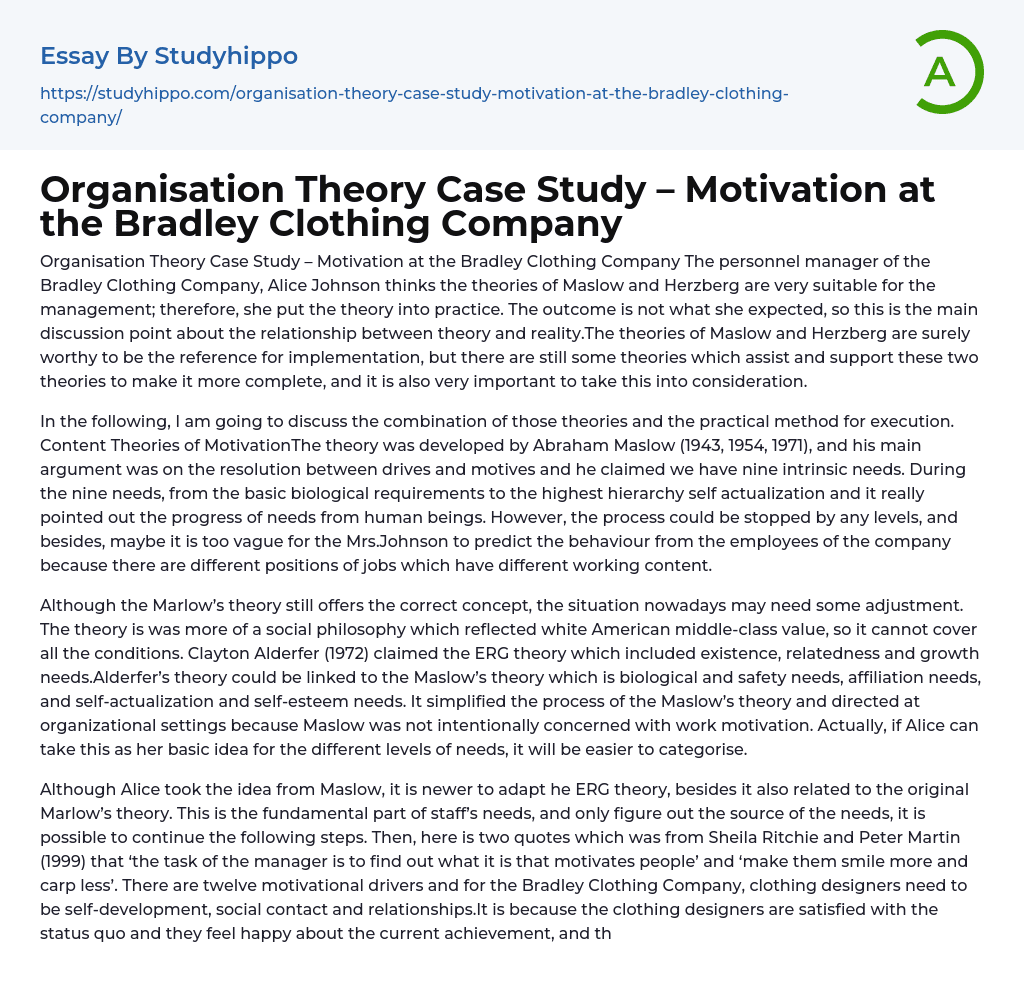 Organisation Theory Case Study – Motivation at the Bradley Clothing Company Essay Example