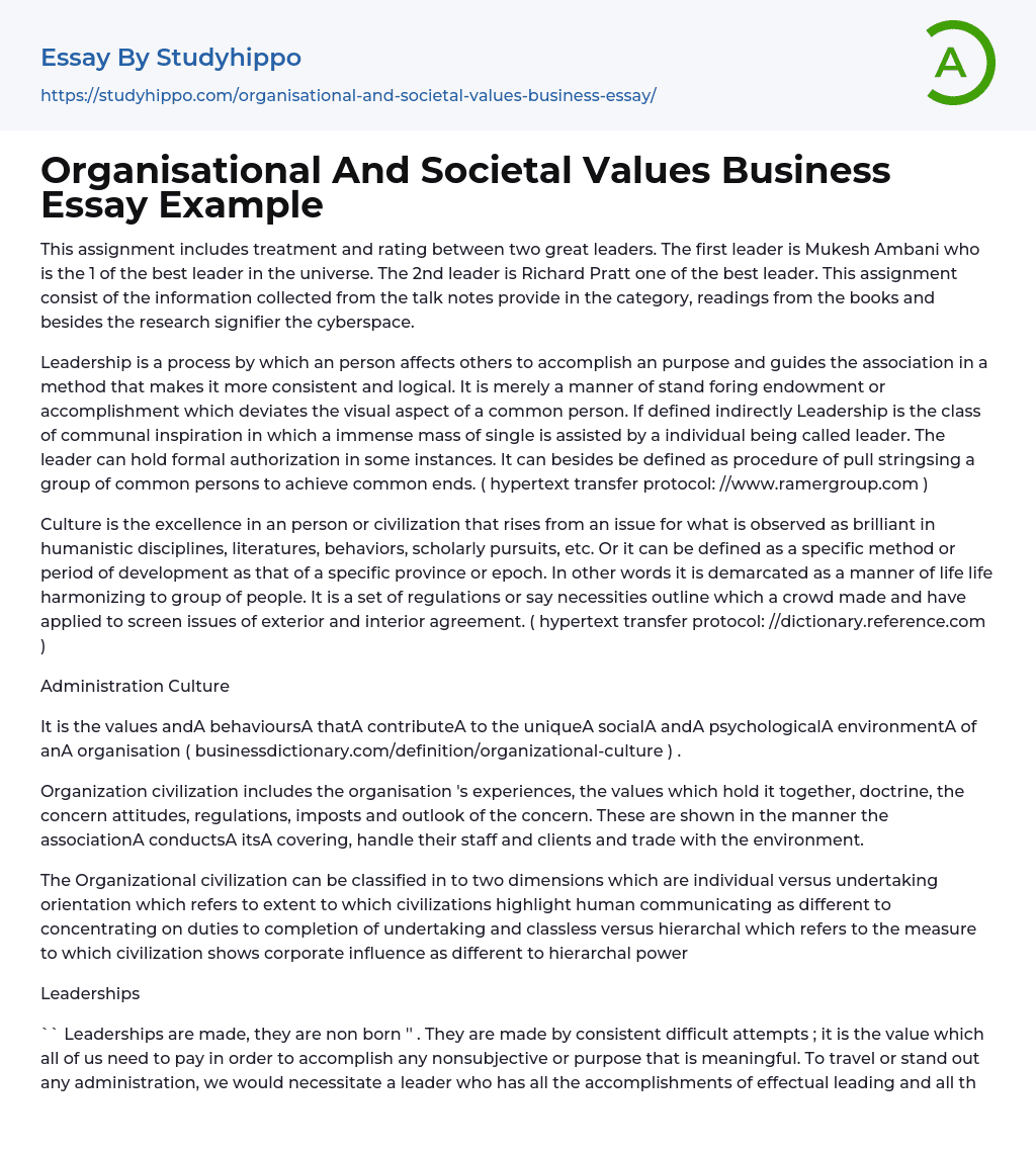 Organisational And Societal Values Business Essay Example