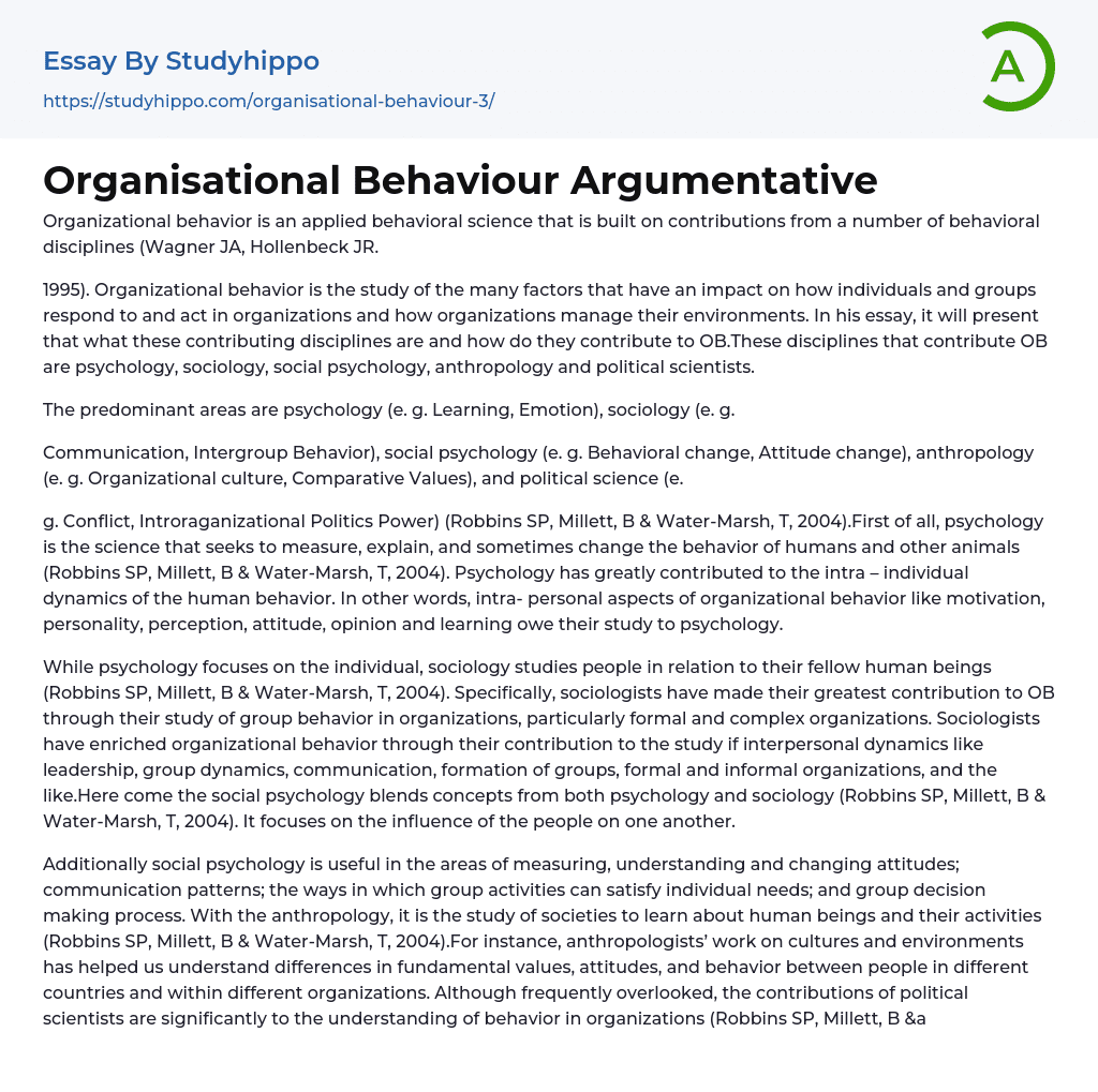 Organisational Behaviour Argumentative Essay Example