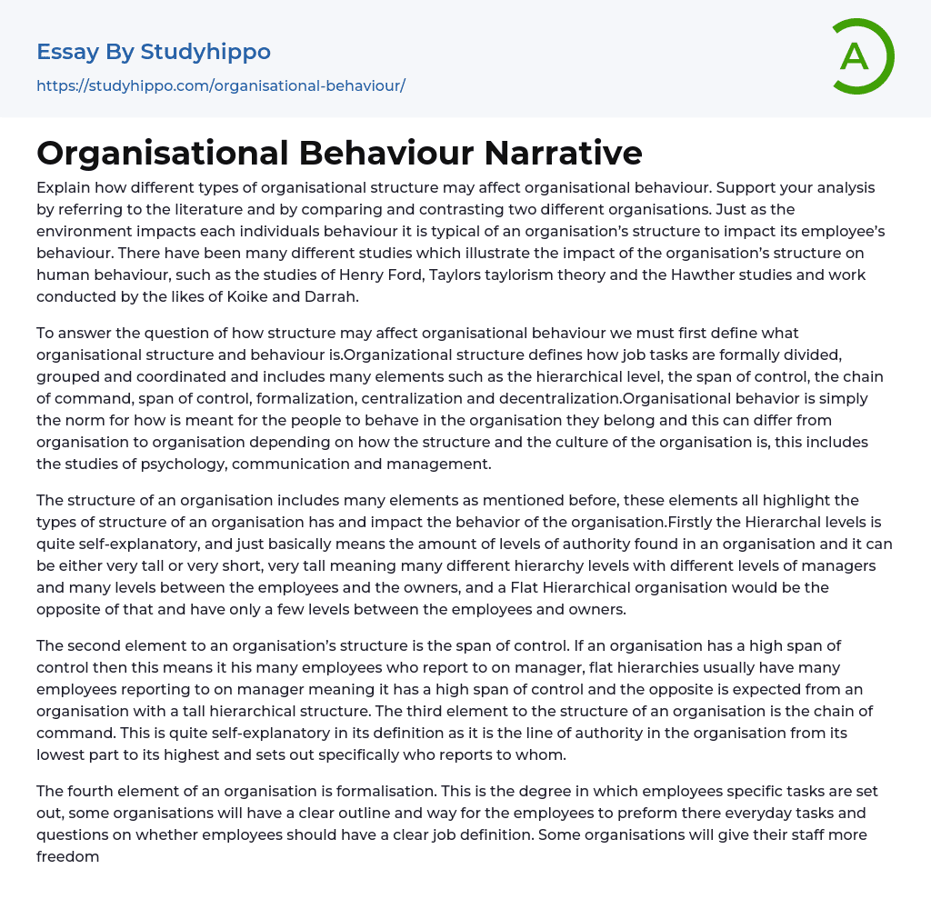 Organisational Behaviour Narrative Essay Example