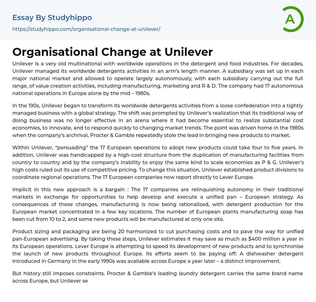Organisational Change at Unilever Essay Example