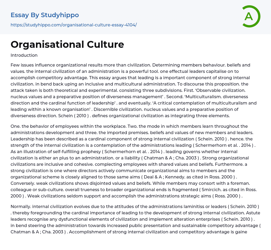 Organisational Culture Essay Example