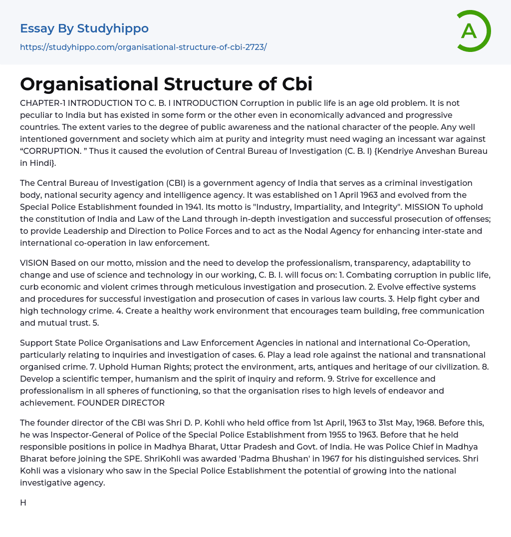 Organisational Structure Of The Central Bureau Of Investigation Essay ...