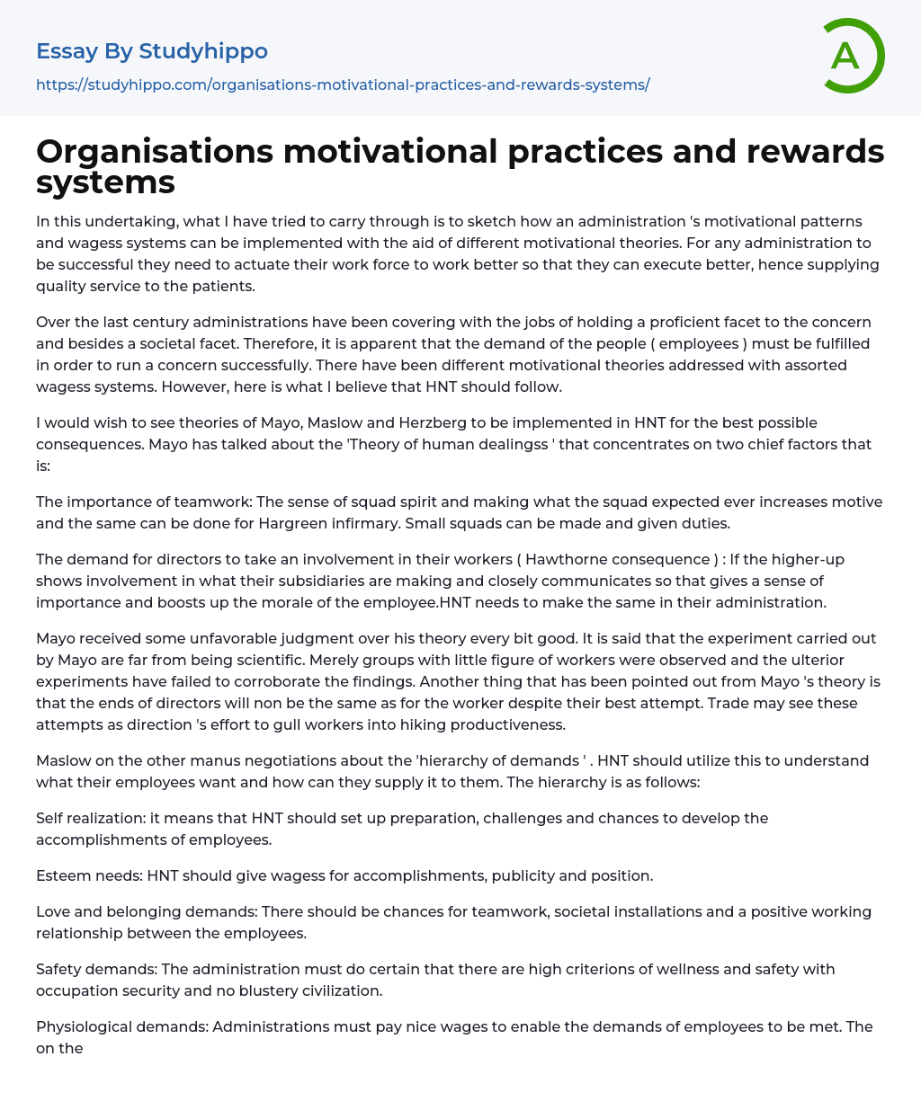 Organisations motivational practices and rewards systems Essay Example