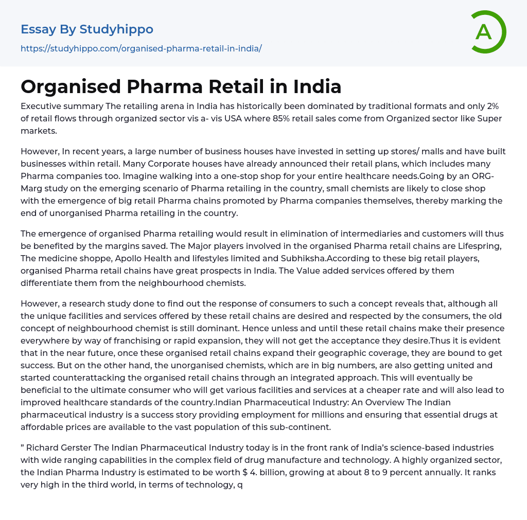 Organised Pharma Retail in India Essay Example