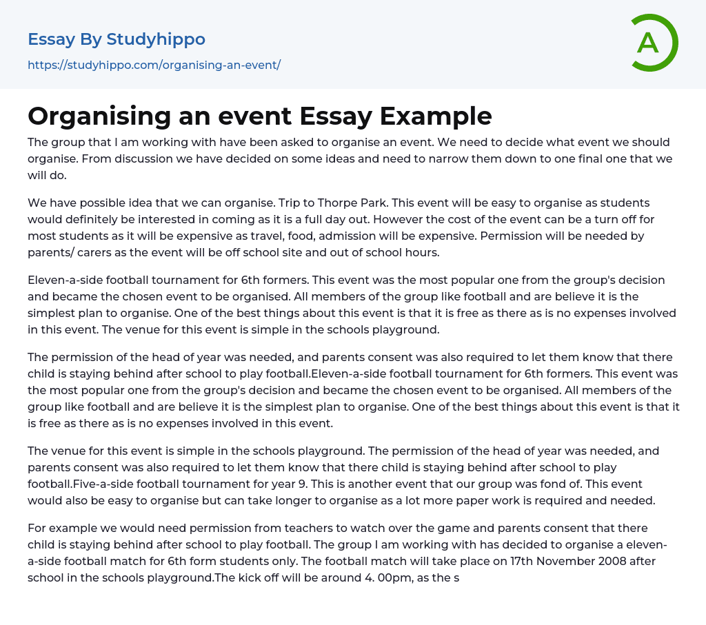 Organising an event Essay Example