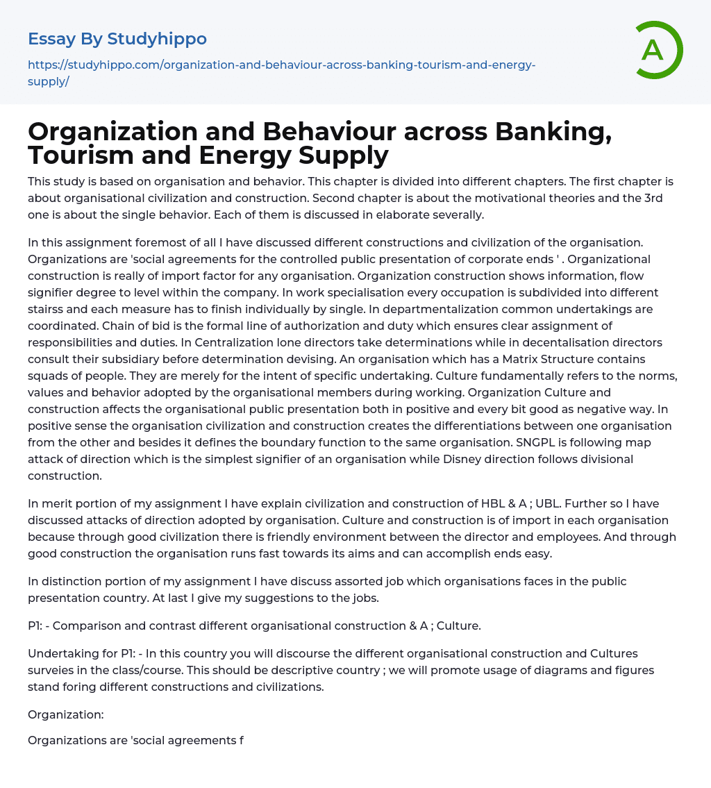 Organization and Behaviour across Banking, Tourism and Energy Supply Essay Example