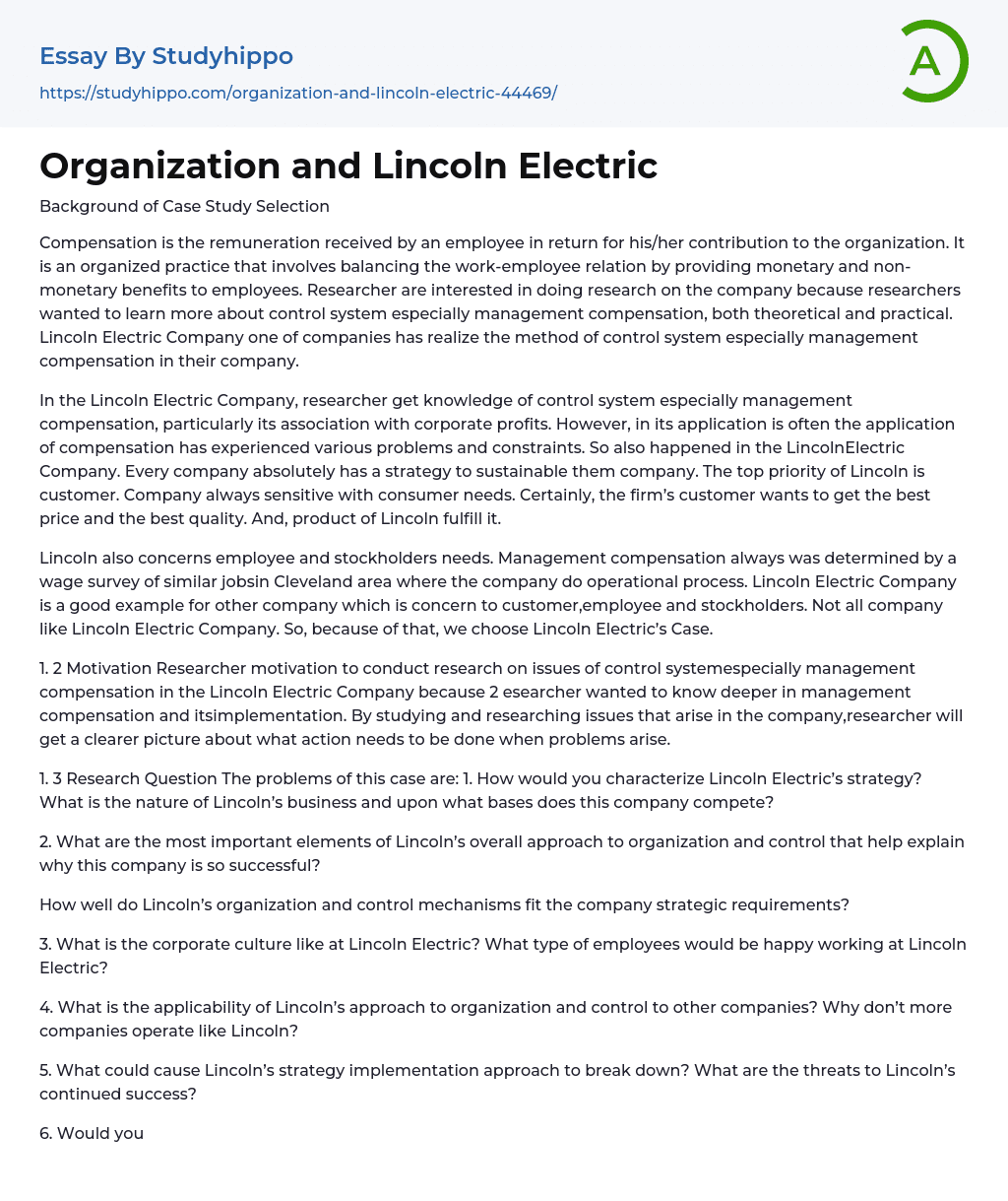 Organization and Lincoln Electric Essay Example