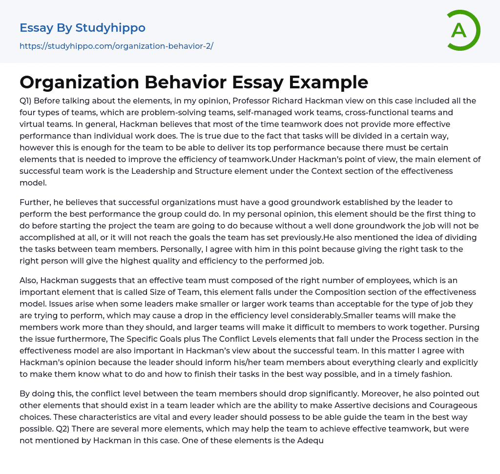 Organization Behavior Essay Example