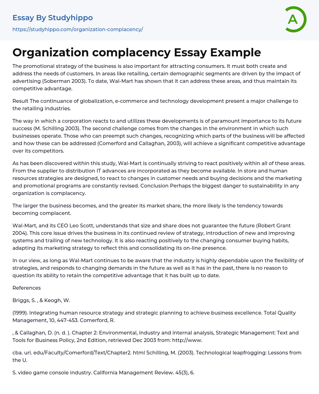 Organization complacency Essay Example