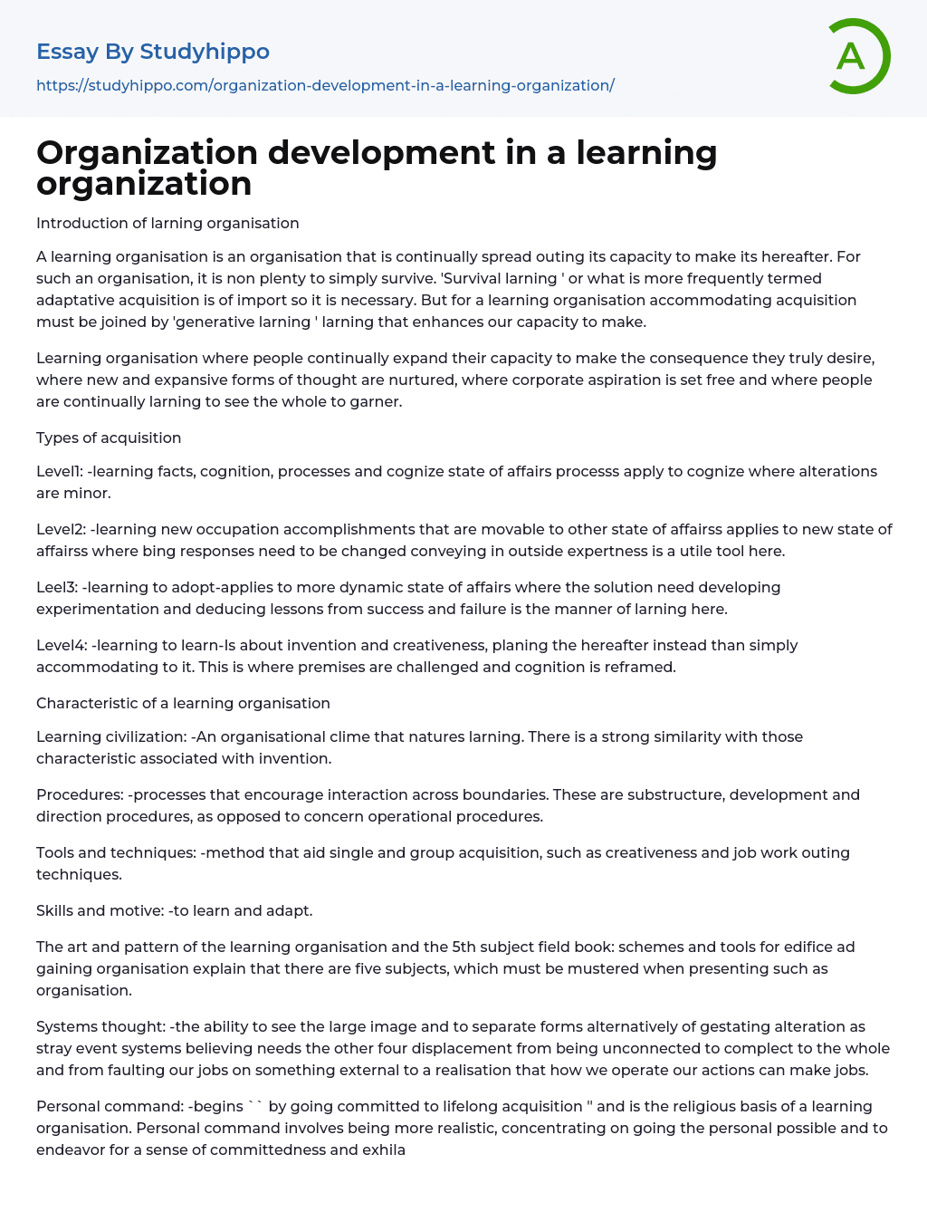 Organization development in a learning organization Essay Example