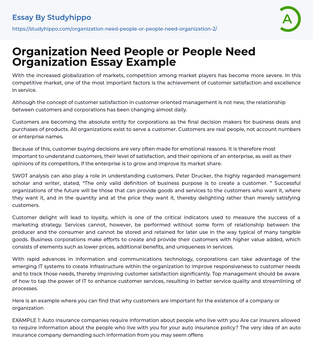 Organization Need People or People Need Organization Essay Example