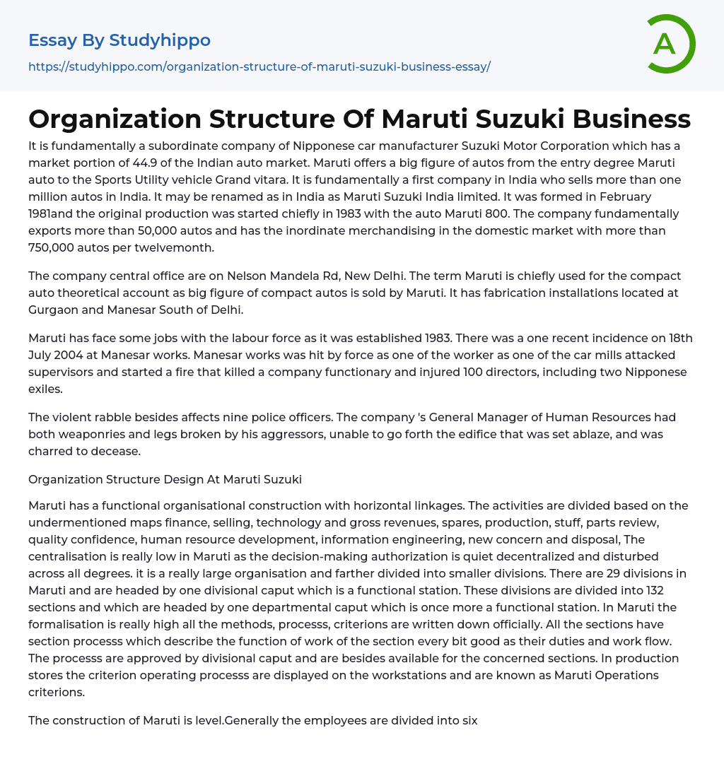 Organization Structure Of Maruti Suzuki Business Essay Example