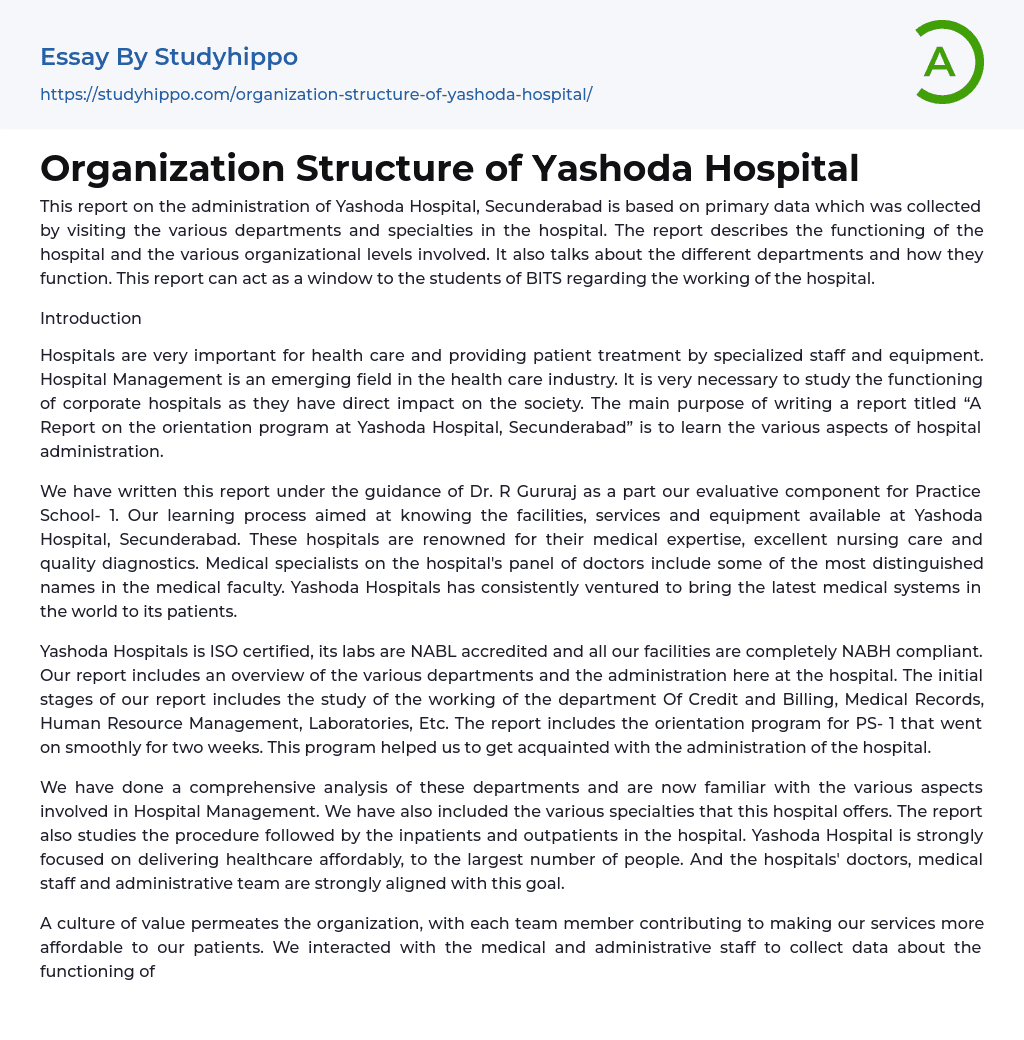 Organization Structure of Yashoda Hospital Essay Example