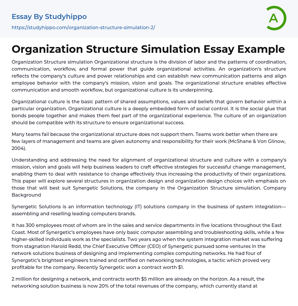 Organization Structure Simulation Essay Example