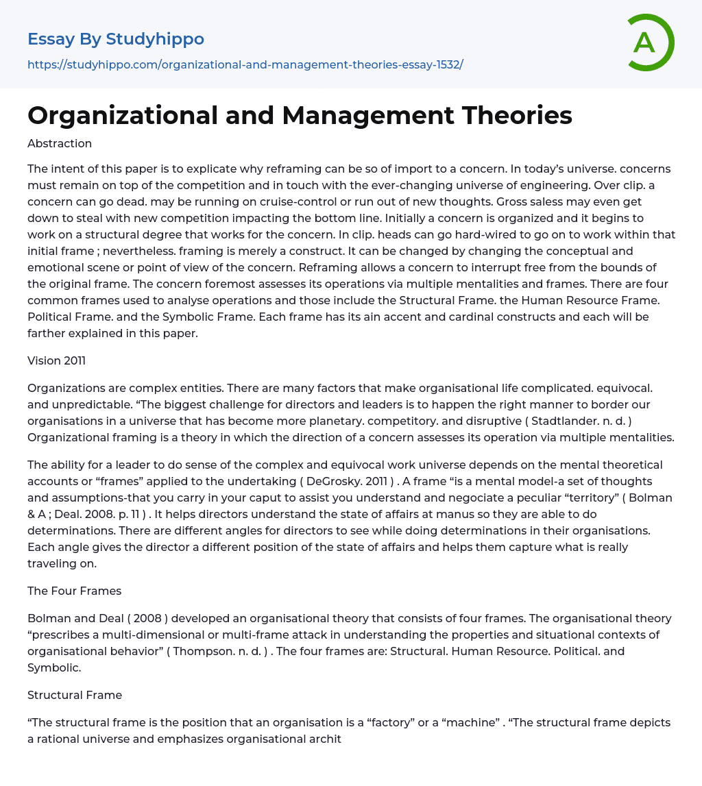 Organizational and Management Theories Essay Example