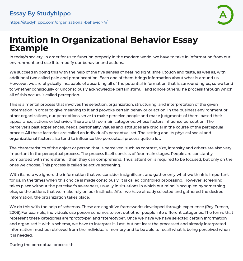 Intuition In Organizational Behavior Essay Example