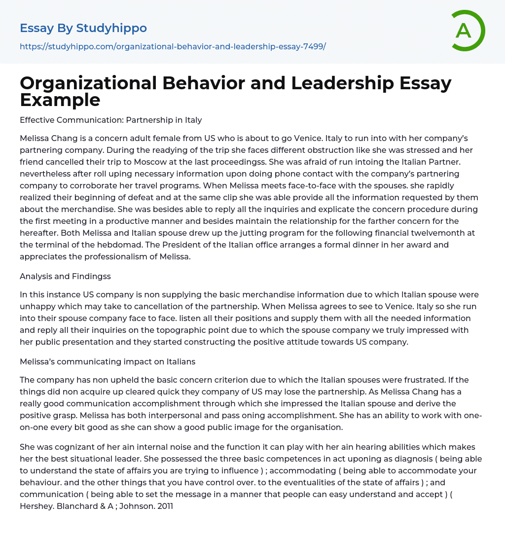 Organizational Behavior and Leadership Essay Example