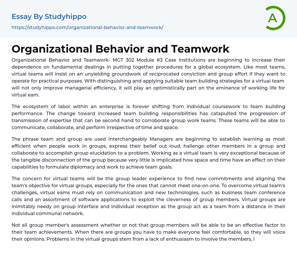 Organizational Behavior and Teamwork Essay Example