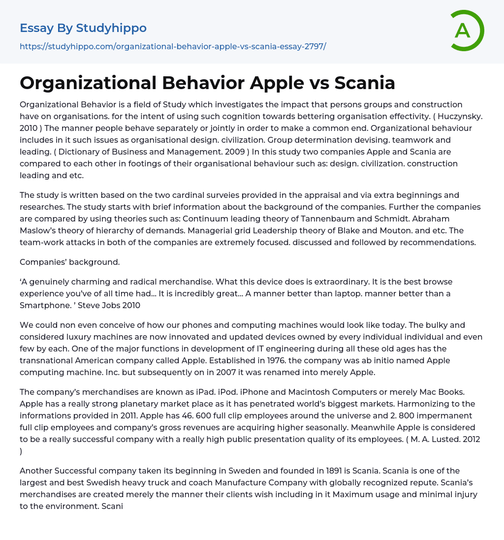 Organizational Behavior Apple vs Scania Essay Example