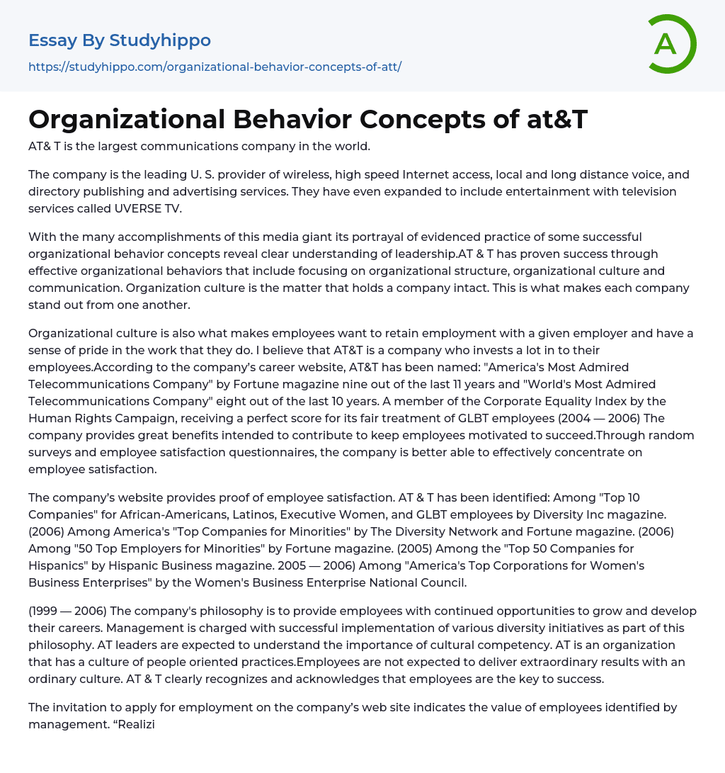 Organizational Behavior Concepts of at&T Essay Example