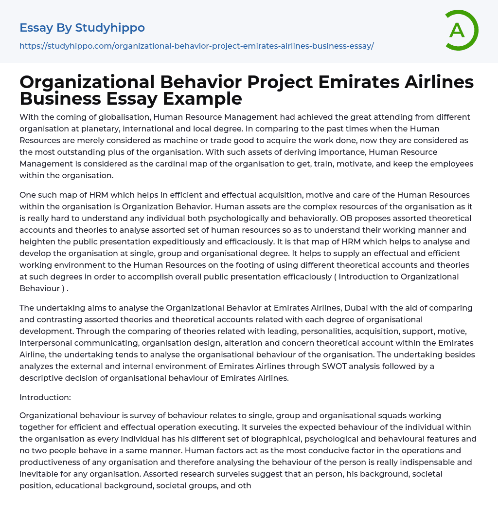 Organizational Behavior Project Emirates Airlines Business Essay Example