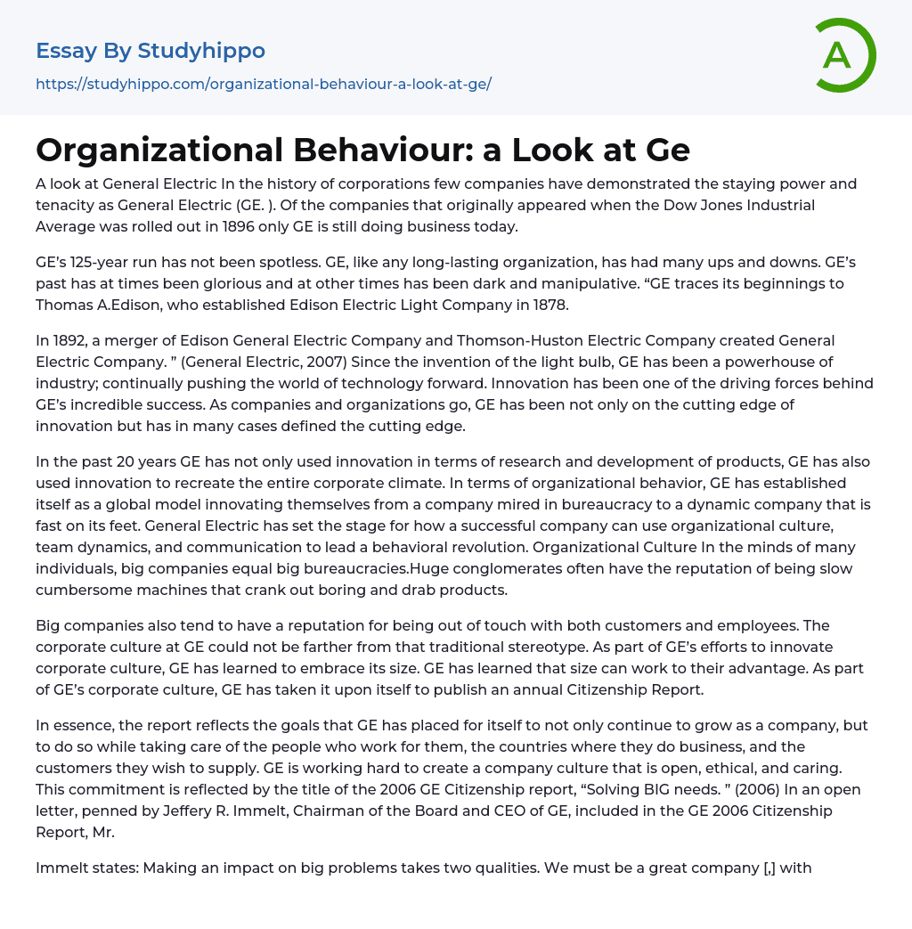 Organizational Behaviour: a Look at Ge Essay Example