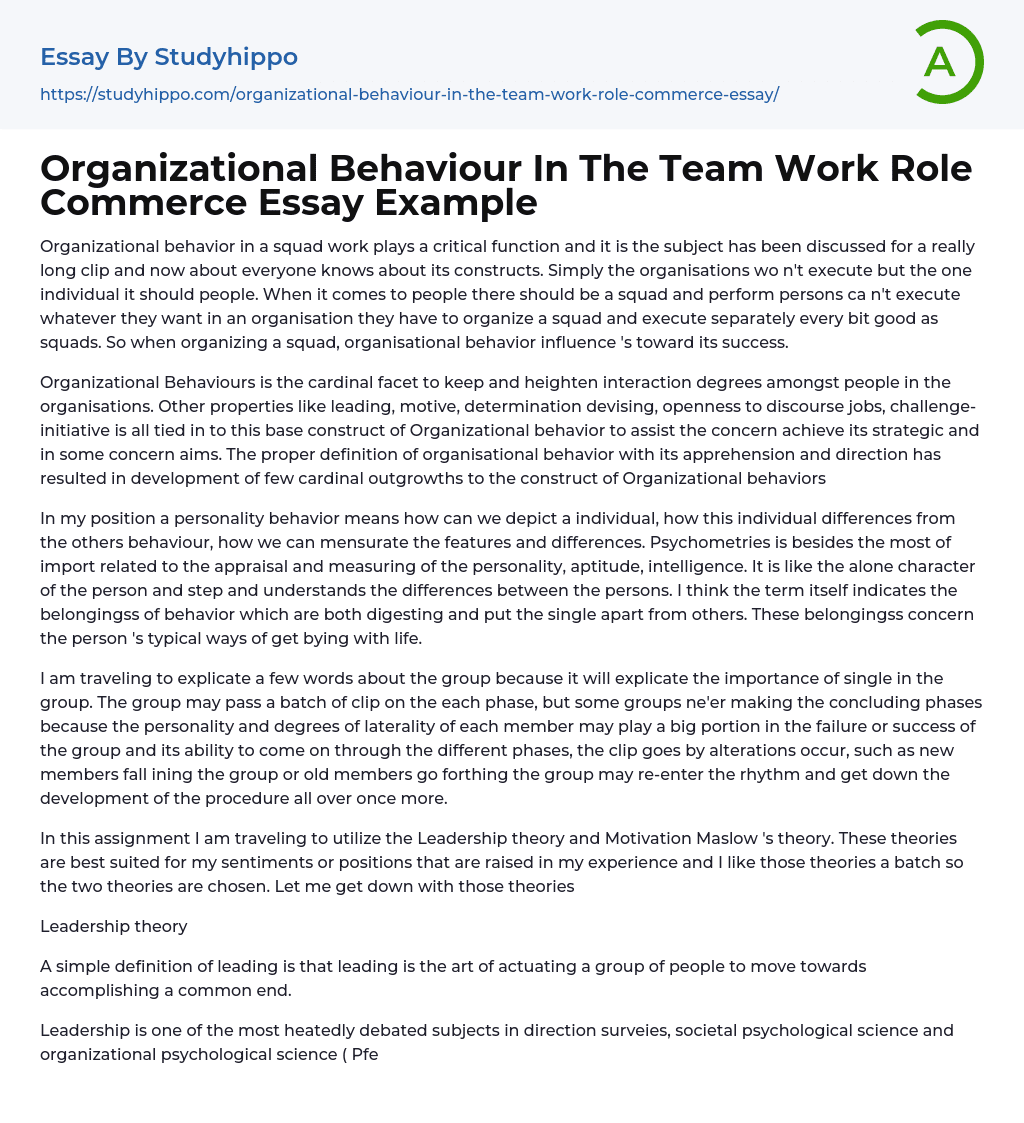 Organizational Behaviour In The Team Work Role Commerce Essay Example