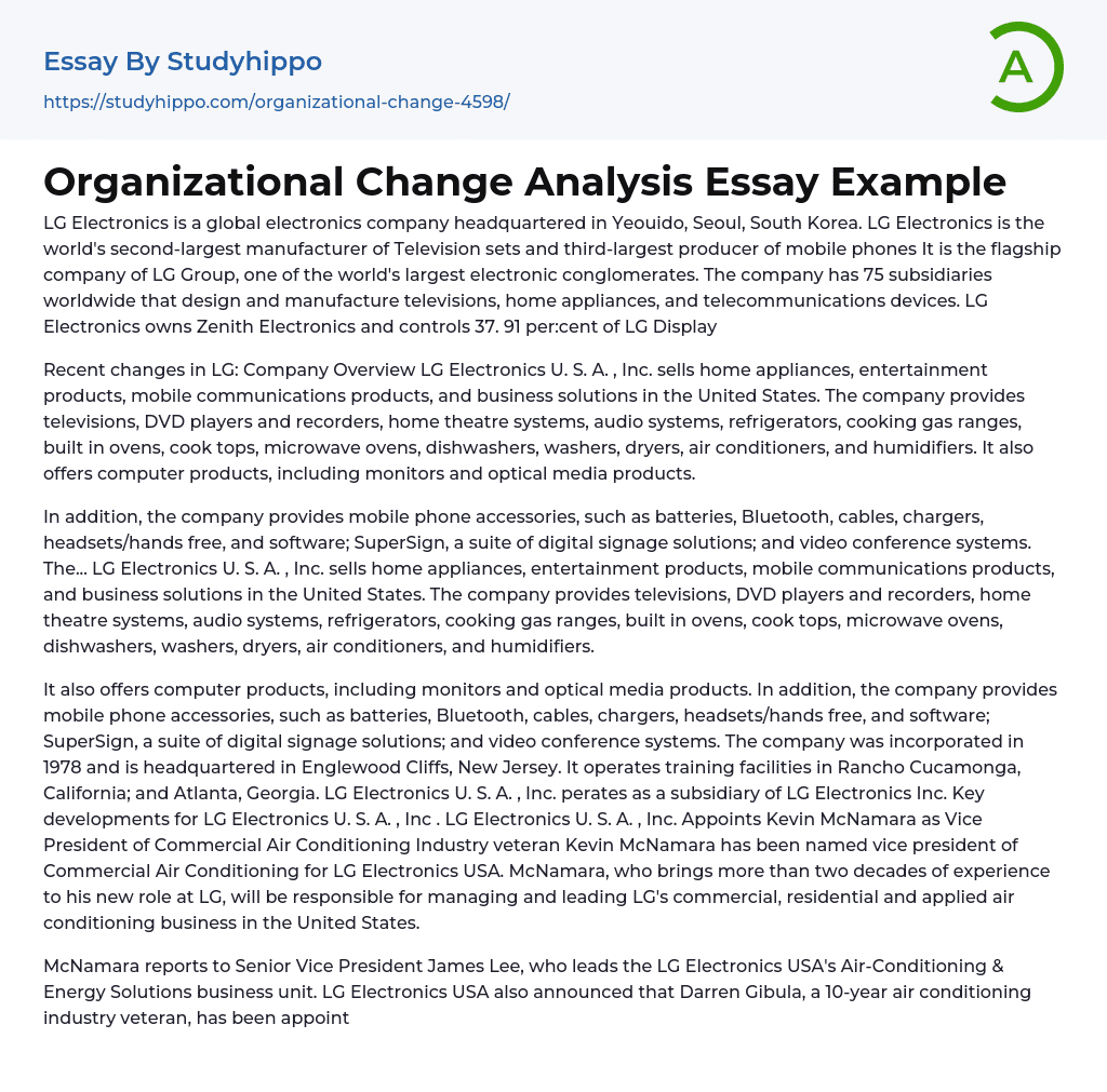 Organizational Change Analysis Essay Example