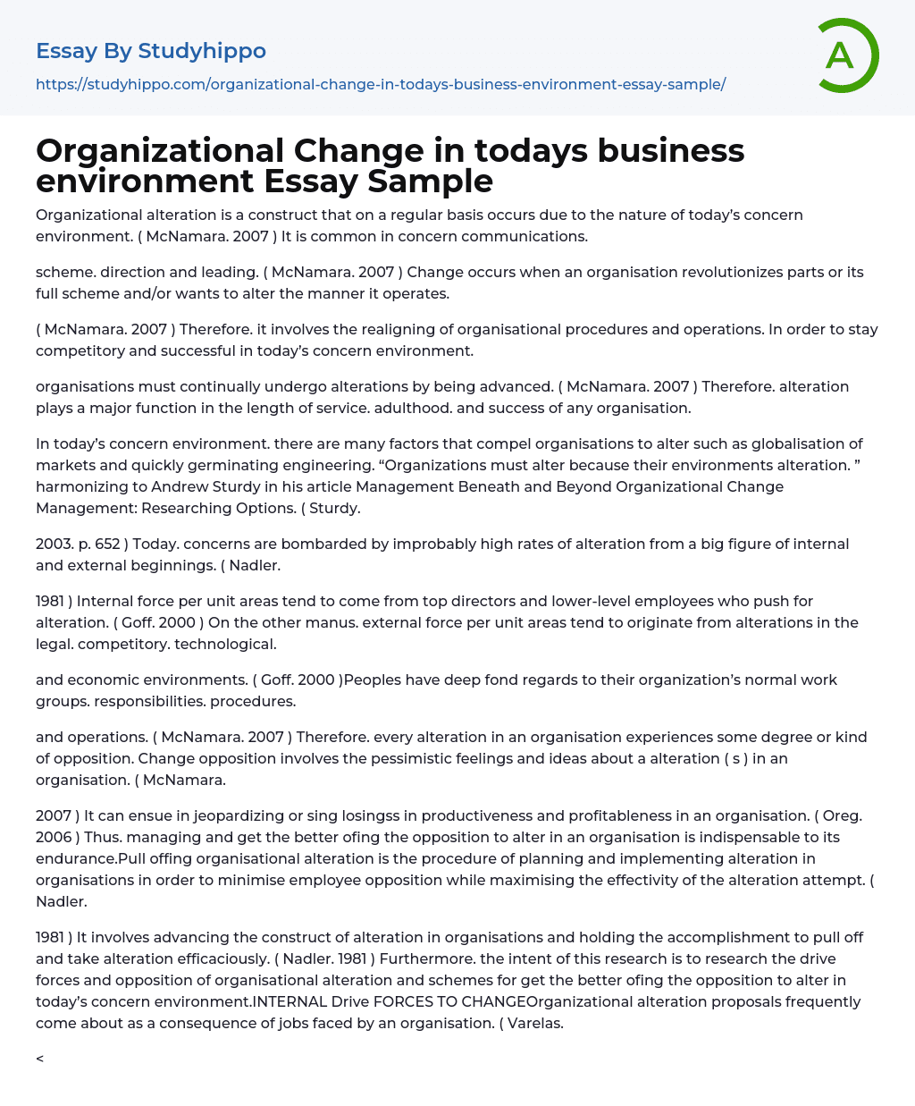 Organizational Change in todays business environment Essay Sample