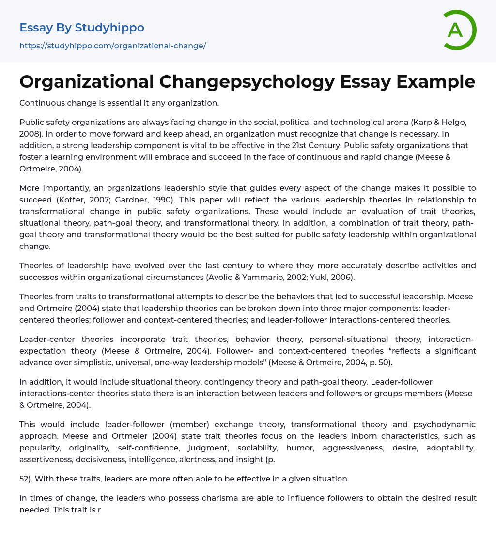 Organizational Changepsychology Essay Example