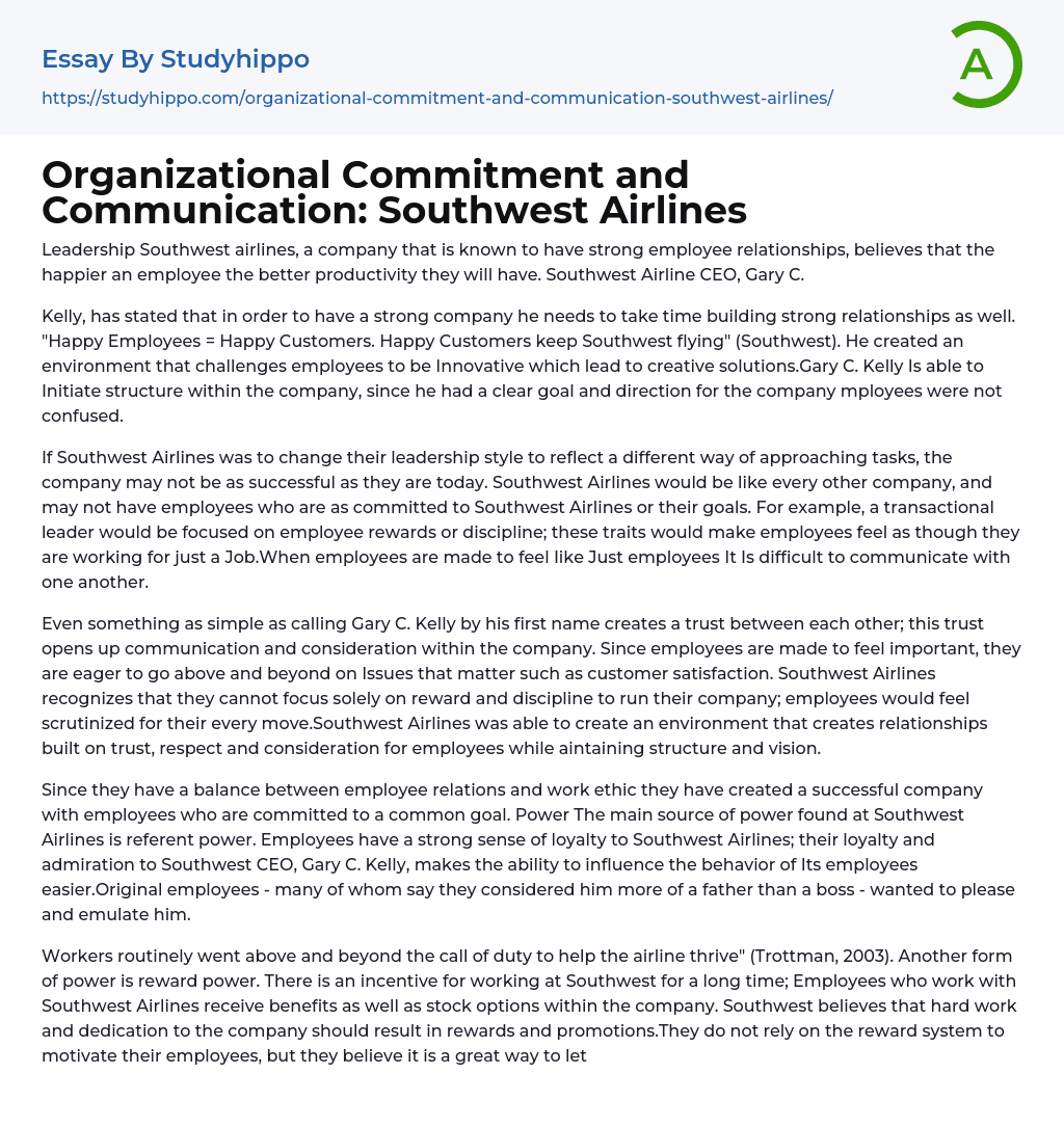 Organizational Commitment and Communication: Southwest Airlines Essay Example
