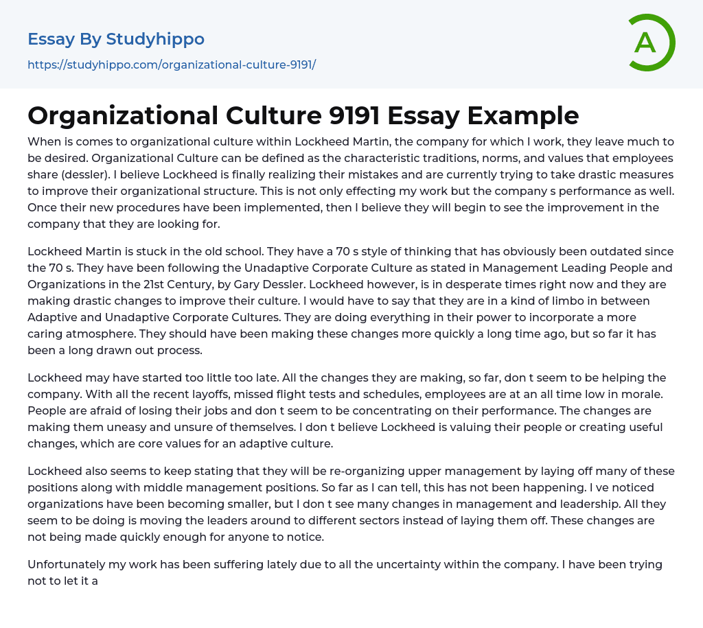 Organizational Culture 9191 Essay Example
