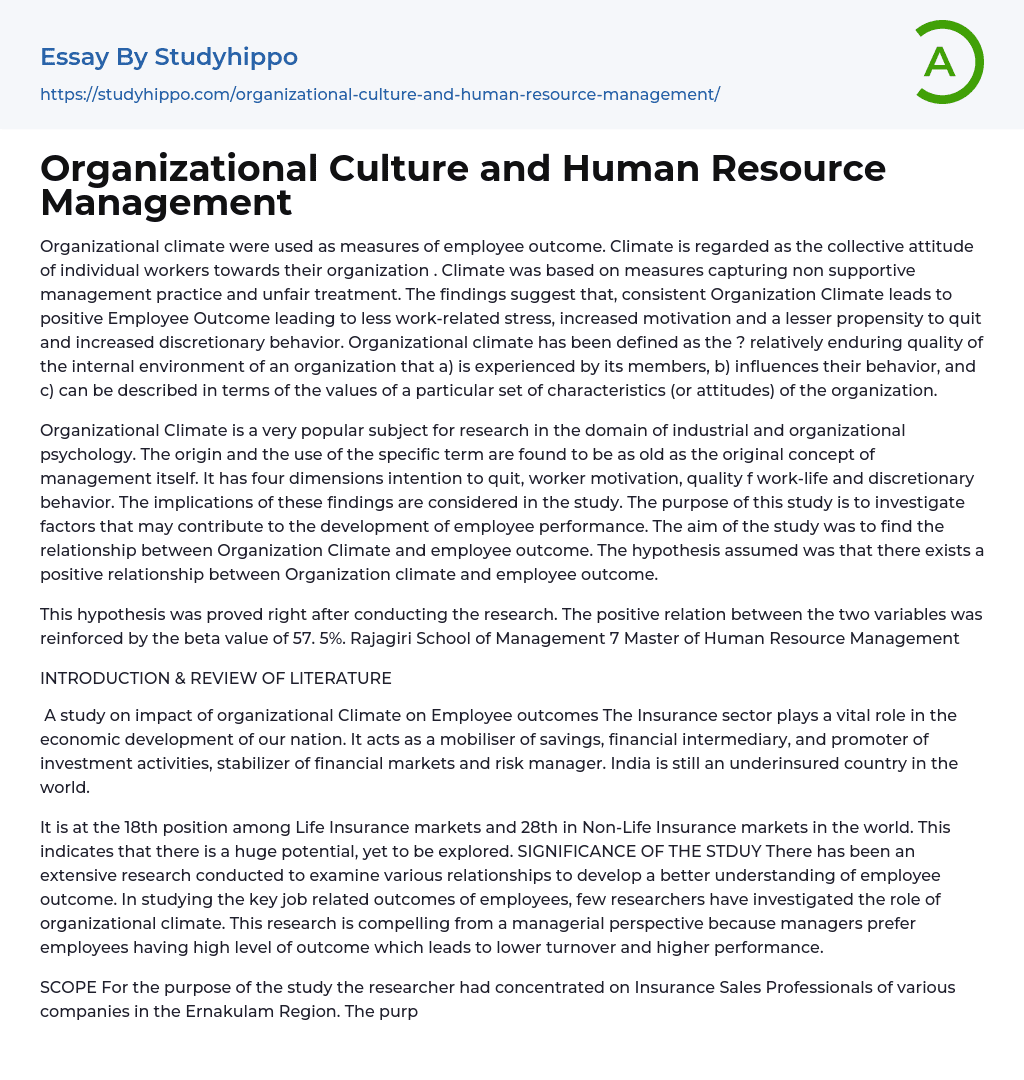 Organizational Culture and Human Resource Management Essay Example