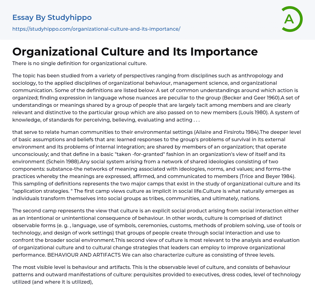 Organizational Culture and Its Importance Essay Example