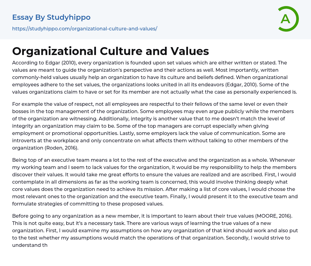 Organizational Culture and Values Essay Example
