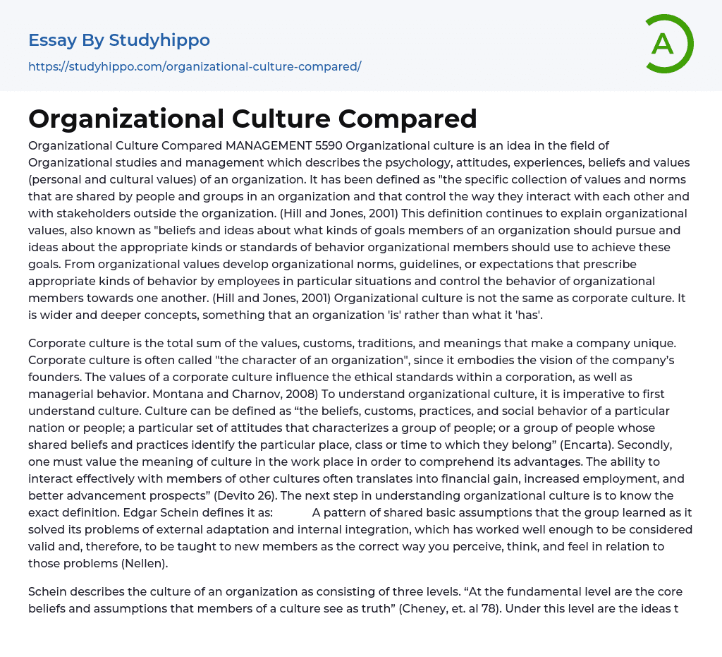 Organizational Culture Compared Management Essay Example