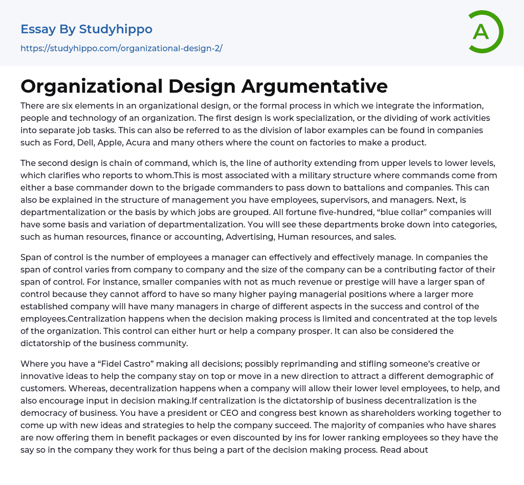 Organizational Design Argumentative Essay Example