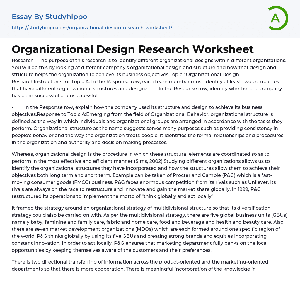 Organizational Design Research Worksheet Essay Example